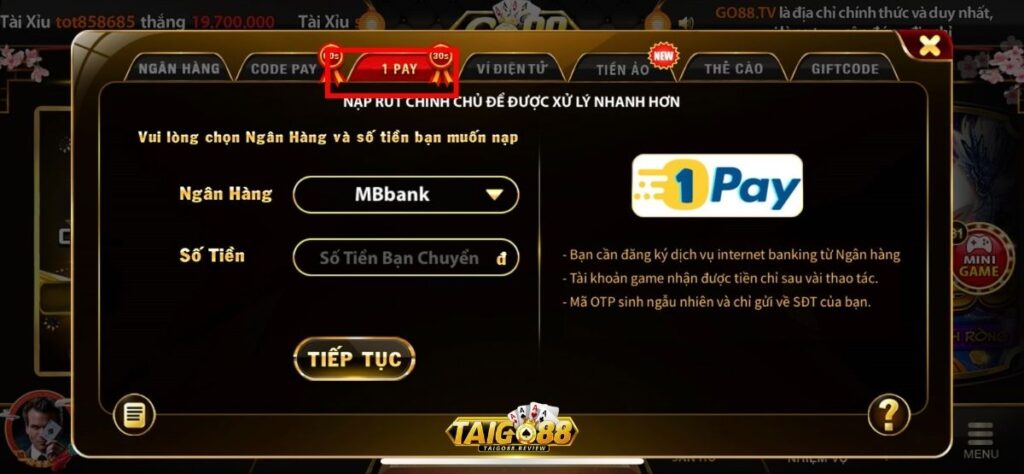 Nạp tiền Go88 qua 1pay