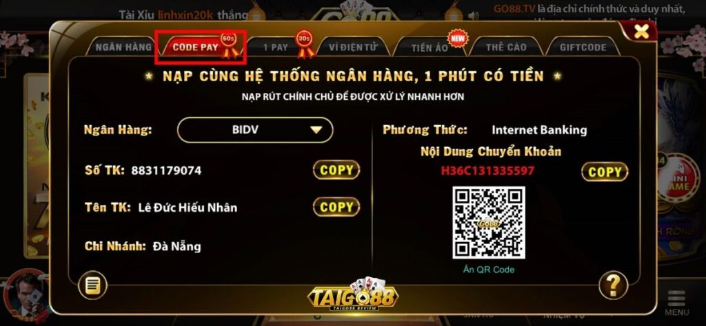 Nạp tiền Go88 qua Codepay