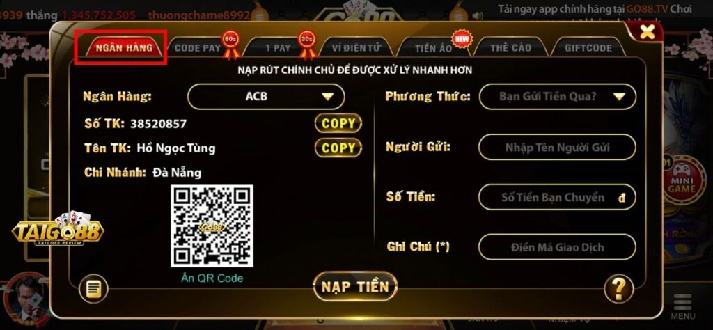 Nạp tiền Go88 qua ngân hàng