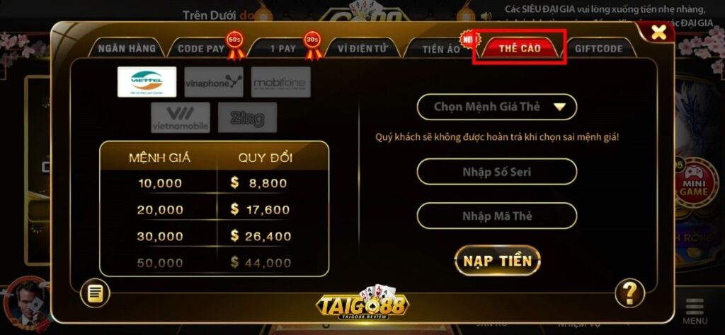 Nạp tiền Go88 qua thẻ cào